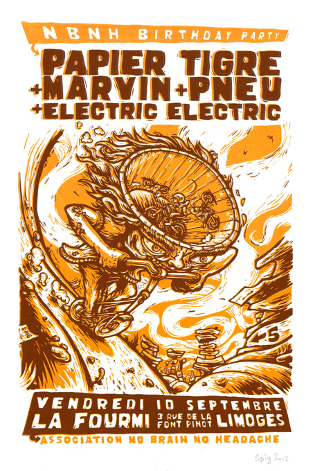 Papier tigre Pneu Marvin Electric electric poster affiche concdert spig linocutfactory