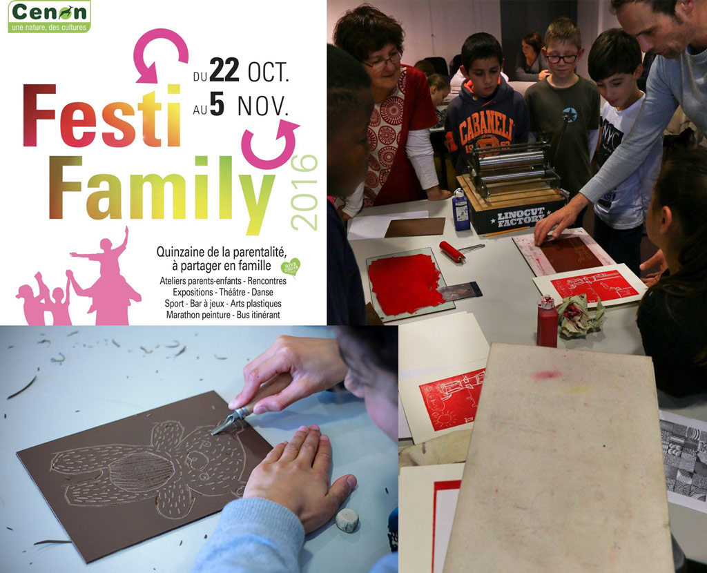 Ateliers linogravure et illustration à Cenon pour le festival Festi'family avec Spig Linocutfactory