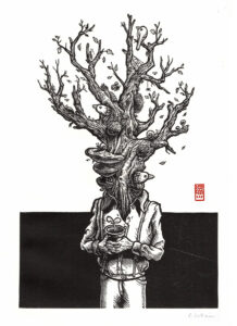 Série Homo Botanicus : humain, arbre, oiseaux et micro vivant composent une même présence